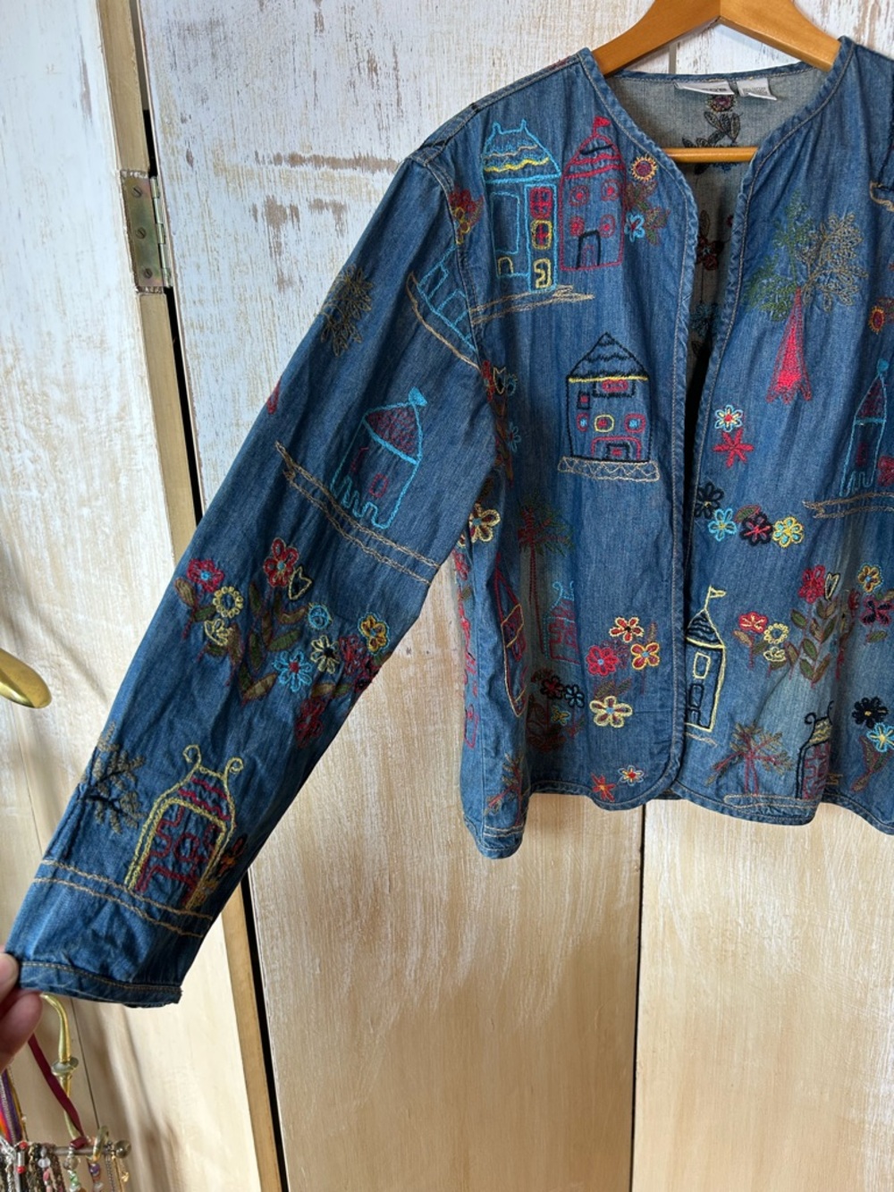 Chico's Blue Denim Jacket with Multicolor Embroidery - Picture 2 of 12
